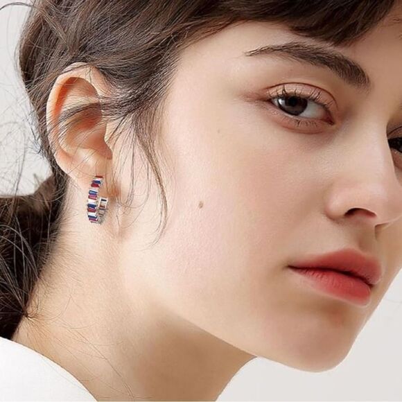 14K White Gold with Multicolored Cubic Zirconia Drop Hoop Leverback Earrings - Picture 6 of 8